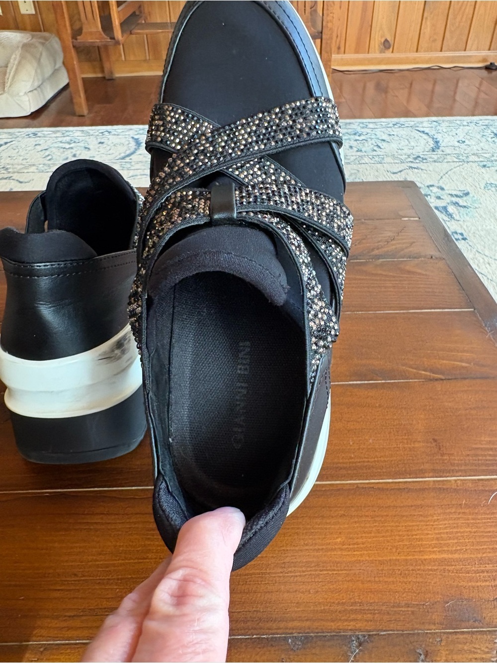 Black 3” Platform Slip-On Sneakers with Embellished Straps, Sz 6-6.5, bling - Picture 7 of 8